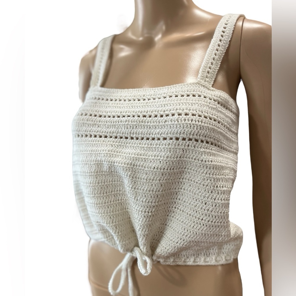 Hippie boho Handmade off white crochet knit Tank top with drawstring Size M